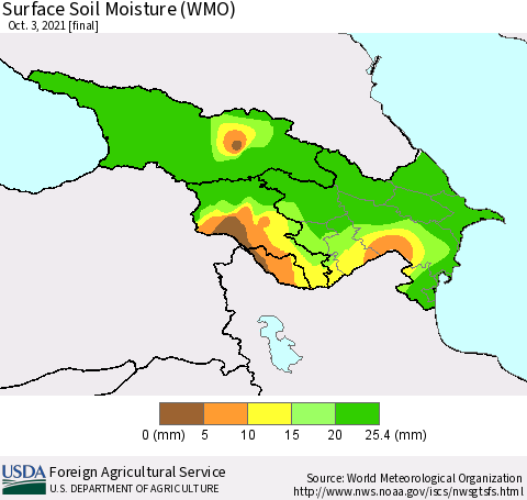 Azerbaijan, Armenia and Georgia Surface Soil Moisture (WMO) Thematic Map For 9/27/2021 - 10/3/2021