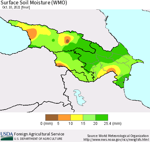 Azerbaijan, Armenia and Georgia Surface Soil Moisture (WMO) Thematic Map For 10/4/2021 - 10/10/2021
