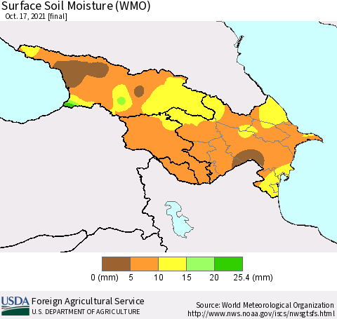Azerbaijan, Armenia and Georgia Surface Soil Moisture (WMO) Thematic Map For 10/11/2021 - 10/17/2021