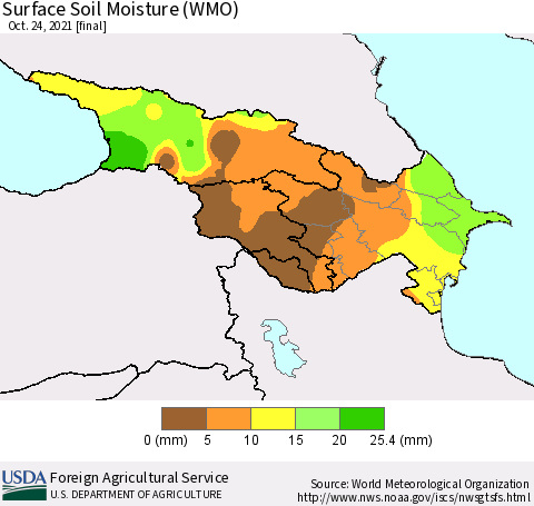 Azerbaijan, Armenia and Georgia Surface Soil Moisture (WMO) Thematic Map For 10/18/2021 - 10/24/2021
