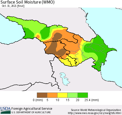 Azerbaijan, Armenia and Georgia Surface Soil Moisture (WMO) Thematic Map For 10/25/2021 - 10/31/2021