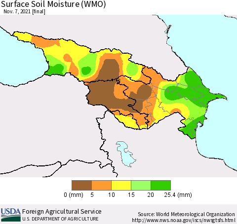 Azerbaijan, Armenia and Georgia Surface Soil Moisture (WMO) Thematic Map For 11/1/2021 - 11/7/2021