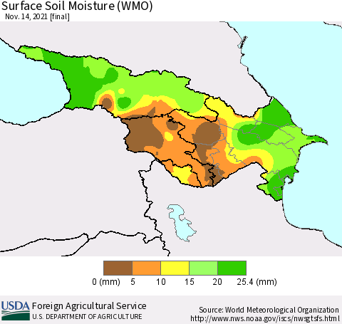 Azerbaijan, Armenia and Georgia Surface Soil Moisture (WMO) Thematic Map For 11/8/2021 - 11/14/2021