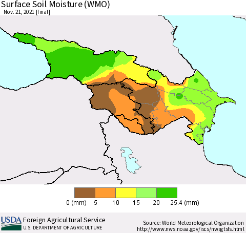 Azerbaijan, Armenia and Georgia Surface Soil Moisture (WMO) Thematic Map For 11/15/2021 - 11/21/2021