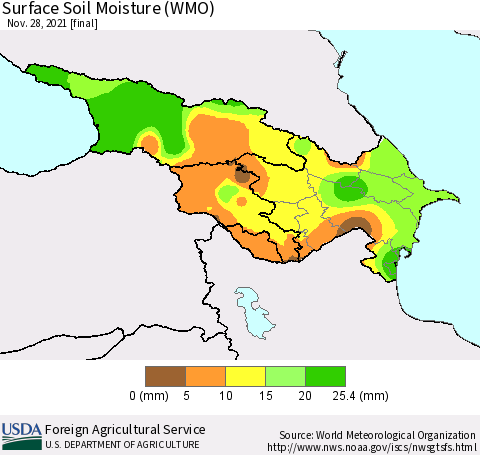 Azerbaijan, Armenia and Georgia Surface Soil Moisture (WMO) Thematic Map For 11/22/2021 - 11/28/2021