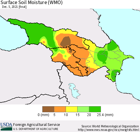 Azerbaijan, Armenia and Georgia Surface Soil Moisture (WMO) Thematic Map For 11/29/2021 - 12/5/2021