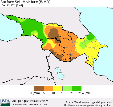 Azerbaijan, Armenia and Georgia Surface Soil Moisture (WMO) Thematic Map For 12/6/2021 - 12/12/2021