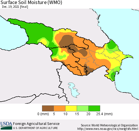 Azerbaijan, Armenia and Georgia Surface Soil Moisture (WMO) Thematic Map For 12/13/2021 - 12/19/2021