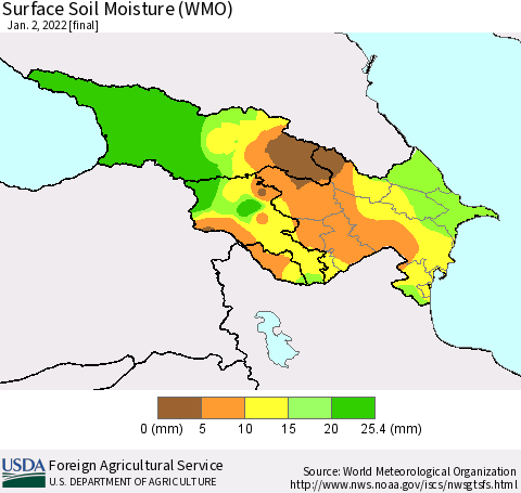 Azerbaijan, Armenia and Georgia Surface Soil Moisture (WMO) Thematic Map For 12/27/2021 - 1/2/2022