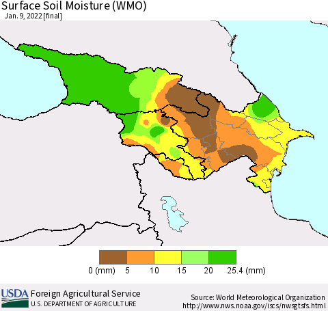 Azerbaijan, Armenia and Georgia Surface Soil Moisture (WMO) Thematic Map For 1/3/2022 - 1/9/2022