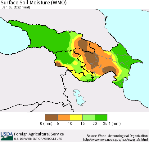 Azerbaijan, Armenia and Georgia Surface Soil Moisture (WMO) Thematic Map For 1/10/2022 - 1/16/2022