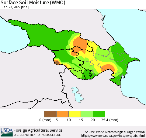 Azerbaijan, Armenia and Georgia Surface Soil Moisture (WMO) Thematic Map For 1/17/2022 - 1/23/2022