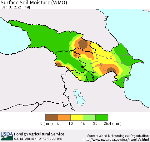 Azerbaijan, Armenia and Georgia Surface Soil Moisture (WMO) Thematic Map For 1/24/2022 - 1/30/2022