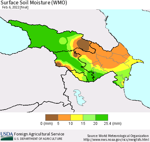 Azerbaijan, Armenia and Georgia Surface Soil Moisture (WMO) Thematic Map For 1/31/2022 - 2/6/2022