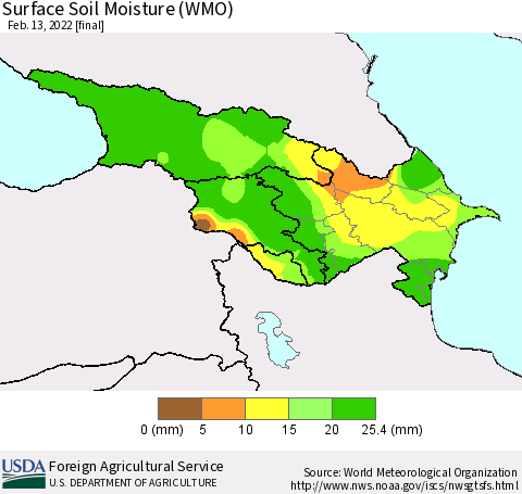 Azerbaijan, Armenia and Georgia Surface Soil Moisture (WMO) Thematic Map For 2/7/2022 - 2/13/2022