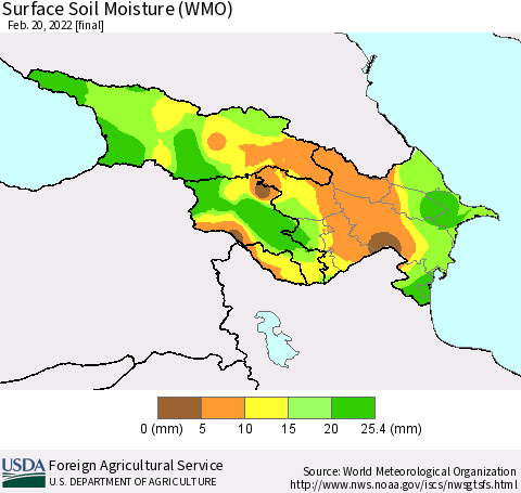 Azerbaijan, Armenia and Georgia Surface Soil Moisture (WMO) Thematic Map For 2/14/2022 - 2/20/2022