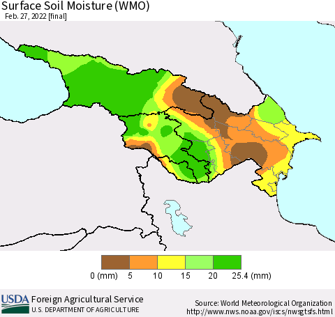 Azerbaijan, Armenia and Georgia Surface Soil Moisture (WMO) Thematic Map For 2/21/2022 - 2/27/2022
