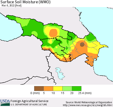 Azerbaijan, Armenia and Georgia Surface Soil Moisture (WMO) Thematic Map For 2/28/2022 - 3/6/2022