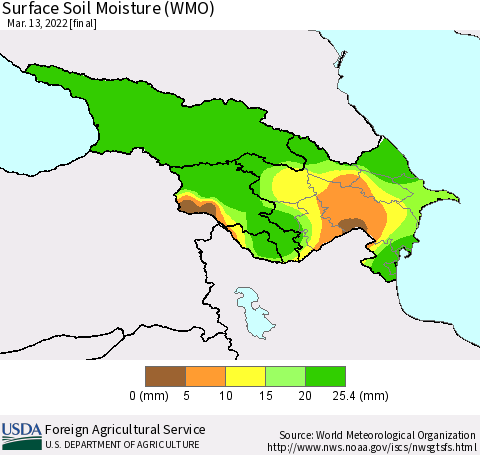 Azerbaijan, Armenia and Georgia Surface Soil Moisture (WMO) Thematic Map For 3/7/2022 - 3/13/2022