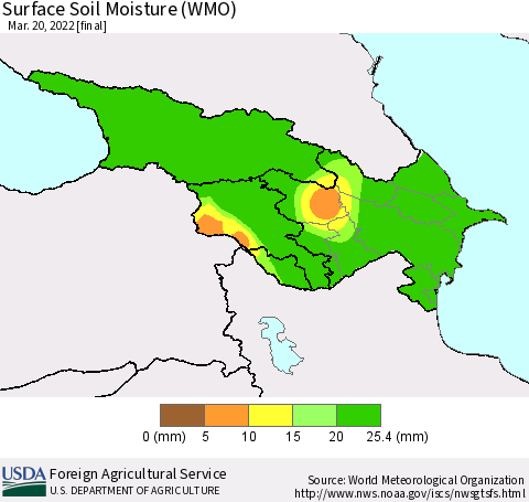 Azerbaijan, Armenia and Georgia Surface Soil Moisture (WMO) Thematic Map For 3/14/2022 - 3/20/2022