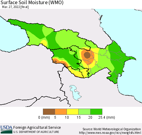 Azerbaijan, Armenia and Georgia Surface Soil Moisture (WMO) Thematic Map For 3/21/2022 - 3/27/2022