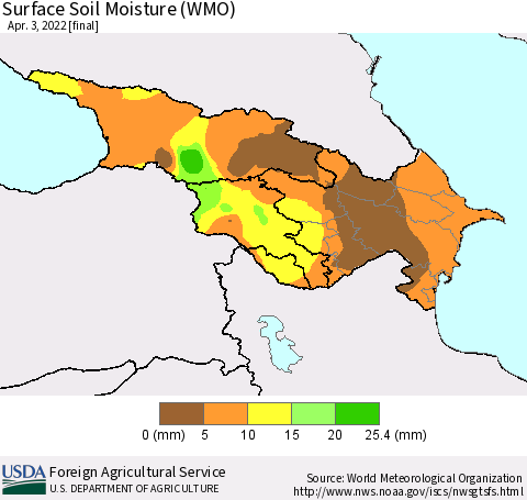 Azerbaijan, Armenia and Georgia Surface Soil Moisture (WMO) Thematic Map For 3/28/2022 - 4/3/2022