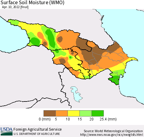 Azerbaijan, Armenia and Georgia Surface Soil Moisture (WMO) Thematic Map For 4/4/2022 - 4/10/2022