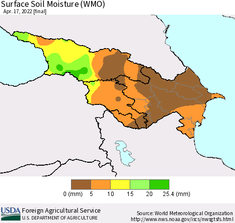 Azerbaijan, Armenia and Georgia Surface Soil Moisture (WMO) Thematic Map For 4/11/2022 - 4/17/2022