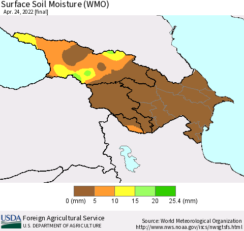 Azerbaijan, Armenia and Georgia Surface Soil Moisture (WMO) Thematic Map For 4/18/2022 - 4/24/2022