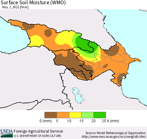 Azerbaijan, Armenia and Georgia Surface Soil Moisture (WMO) Thematic Map For 4/25/2022 - 5/1/2022