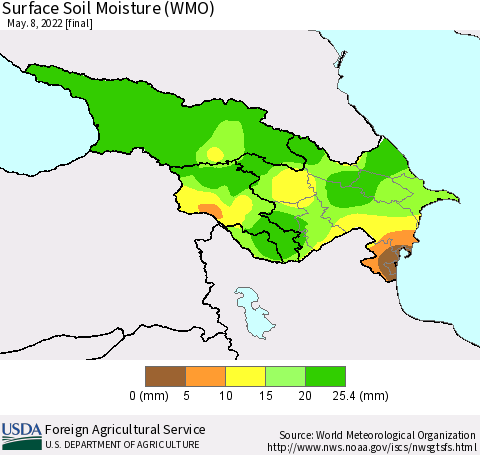 Azerbaijan, Armenia and Georgia Surface Soil Moisture (WMO) Thematic Map For 5/2/2022 - 5/8/2022