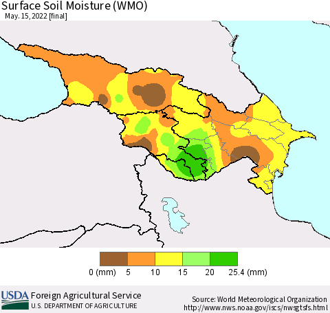 Azerbaijan, Armenia and Georgia Surface Soil Moisture (WMO) Thematic Map For 5/9/2022 - 5/15/2022