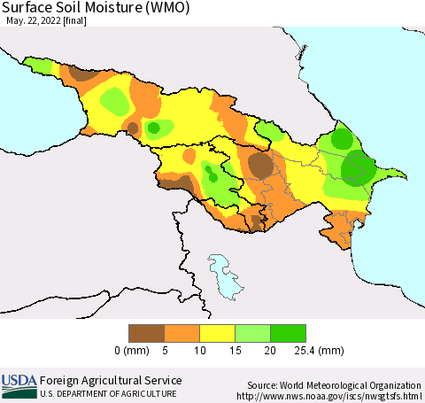 Azerbaijan, Armenia and Georgia Surface Soil Moisture (WMO) Thematic Map For 5/16/2022 - 5/22/2022