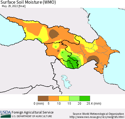 Azerbaijan, Armenia and Georgia Surface Soil Moisture (WMO) Thematic Map For 5/23/2022 - 5/29/2022