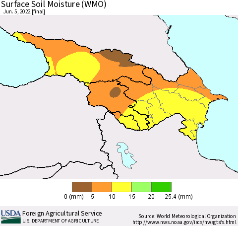 Azerbaijan, Armenia and Georgia Surface Soil Moisture (WMO) Thematic Map For 5/30/2022 - 6/5/2022
