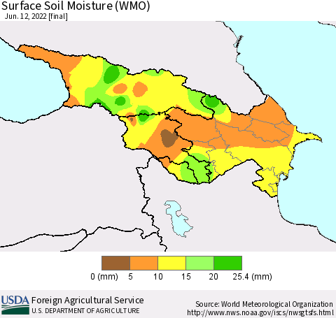 Azerbaijan, Armenia and Georgia Surface Soil Moisture (WMO) Thematic Map For 6/6/2022 - 6/12/2022