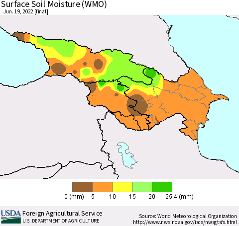 Azerbaijan, Armenia and Georgia Surface Soil Moisture (WMO) Thematic Map For 6/13/2022 - 6/19/2022