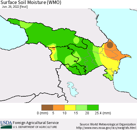 Azerbaijan, Armenia and Georgia Surface Soil Moisture (WMO) Thematic Map For 6/20/2022 - 6/26/2022