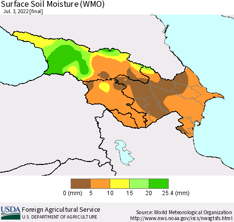 Azerbaijan, Armenia and Georgia Surface Soil Moisture (WMO) Thematic Map For 6/27/2022 - 7/3/2022