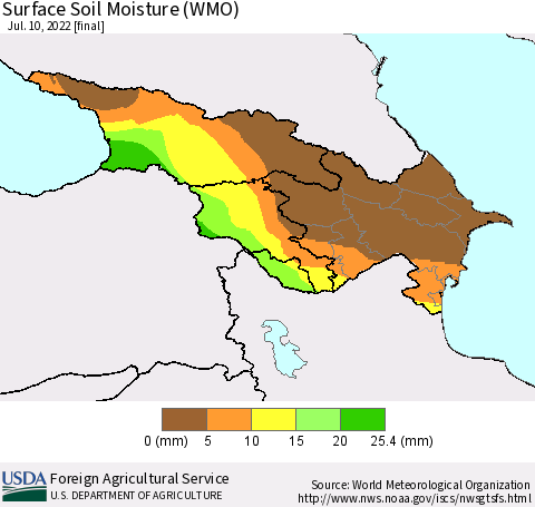 Azerbaijan, Armenia and Georgia Surface Soil Moisture (WMO) Thematic Map For 7/4/2022 - 7/10/2022