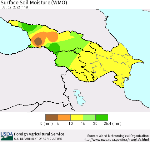 Azerbaijan, Armenia and Georgia Surface Soil Moisture (WMO) Thematic Map For 7/11/2022 - 7/17/2022