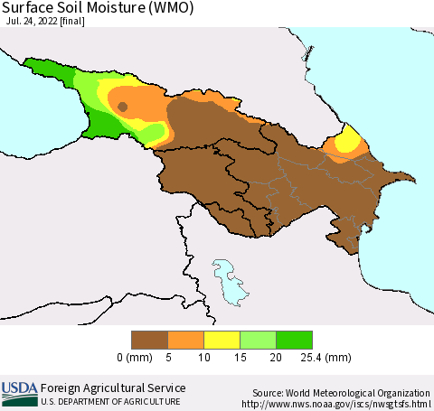 Azerbaijan, Armenia and Georgia Surface Soil Moisture (WMO) Thematic Map For 7/18/2022 - 7/24/2022