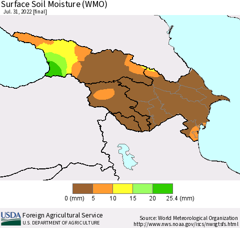 Azerbaijan, Armenia and Georgia Surface Soil Moisture (WMO) Thematic Map For 7/25/2022 - 7/31/2022