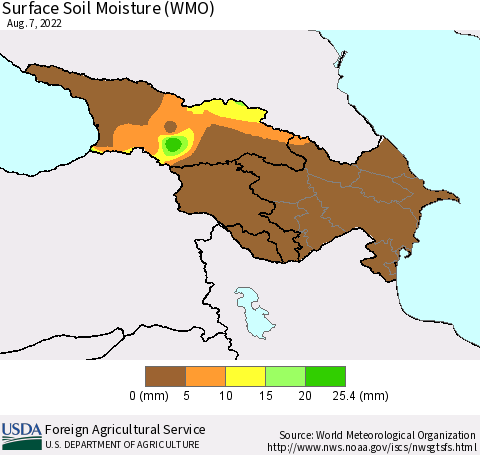 Azerbaijan, Armenia and Georgia Surface Soil Moisture (WMO) Thematic Map For 8/1/2022 - 8/7/2022