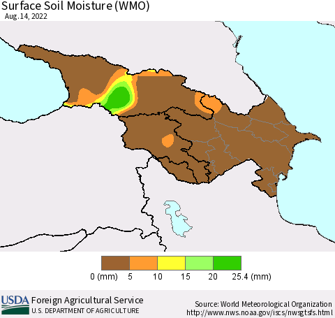 Azerbaijan, Armenia and Georgia Surface Soil Moisture (WMO) Thematic Map For 8/8/2022 - 8/14/2022