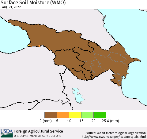 Azerbaijan, Armenia and Georgia Surface Soil Moisture (WMO) Thematic Map For 8/15/2022 - 8/21/2022