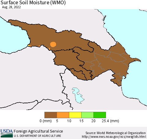 Azerbaijan, Armenia and Georgia Surface Soil Moisture (WMO) Thematic Map For 8/22/2022 - 8/28/2022