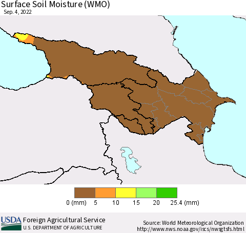 Azerbaijan, Armenia and Georgia Surface Soil Moisture (WMO) Thematic Map For 8/29/2022 - 9/4/2022