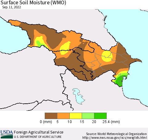 Azerbaijan, Armenia and Georgia Surface Soil Moisture (WMO) Thematic Map For 9/5/2022 - 9/11/2022