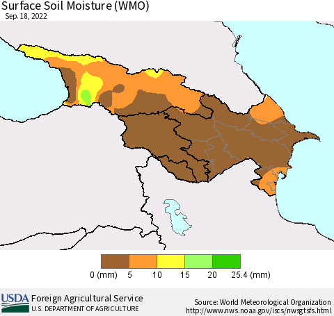 Azerbaijan, Armenia and Georgia Surface Soil Moisture (WMO) Thematic Map For 9/12/2022 - 9/18/2022